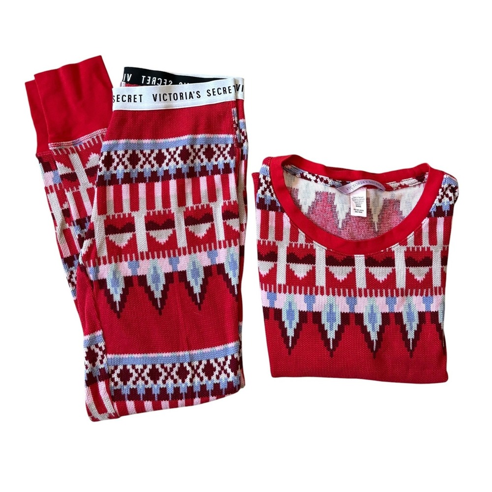 Victorias Secret Thermal Pajama Set Size XS Red Fair Isle Heart Waffle Knit XS